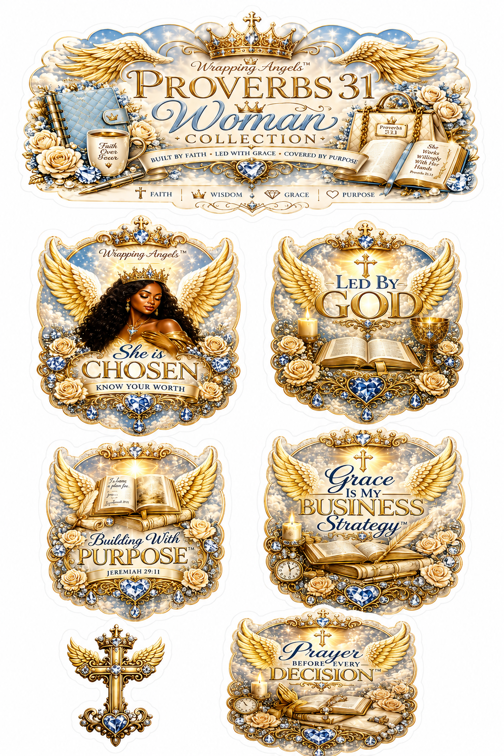 Luxury 4x7 Proverbs 31 Woman Collection sticker sheet featuring Christian faith-inspired stickers with angel wings, crowns, Bible artwork, scripture themes, gold accents, blue florals, and empowering messages for women of faith on a premium white background.