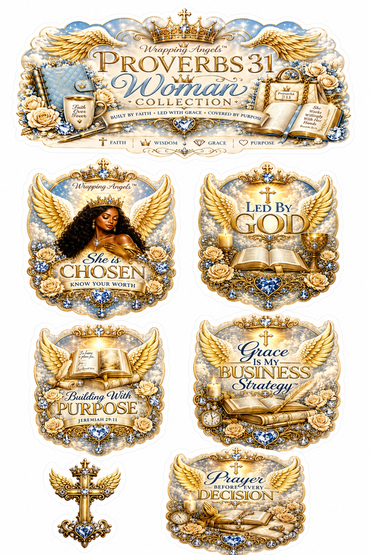Luxury 4x7 Proverbs 31 Woman Collection sticker sheet featuring Christian faith-inspired stickers with angel wings, crowns, Bible artwork, scripture themes, gold accents, blue florals, and empowering messages for women of faith on a premium white background.