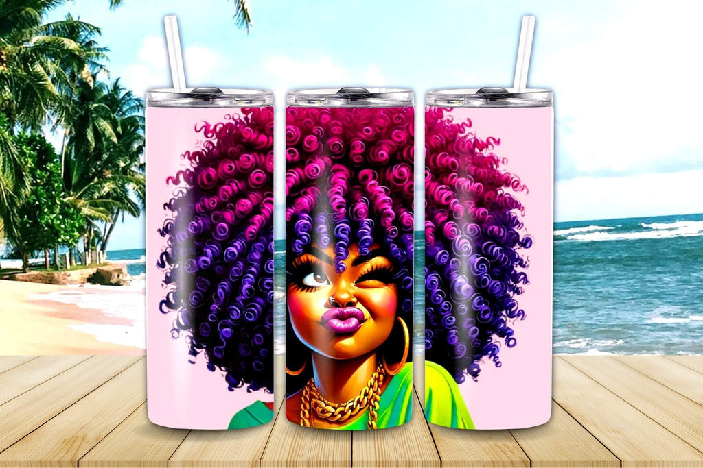 Purpose in My Pen stainless steel tumbler with bold afro-inspired artwork, purple and magenta curls, and playful expression, shown with straw on a beach background.