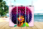 Purpose in My Pen stainless steel tumbler with bold afro-inspired artwork, purple and magenta curls, and playful expression, shown with straw on a beach background.
