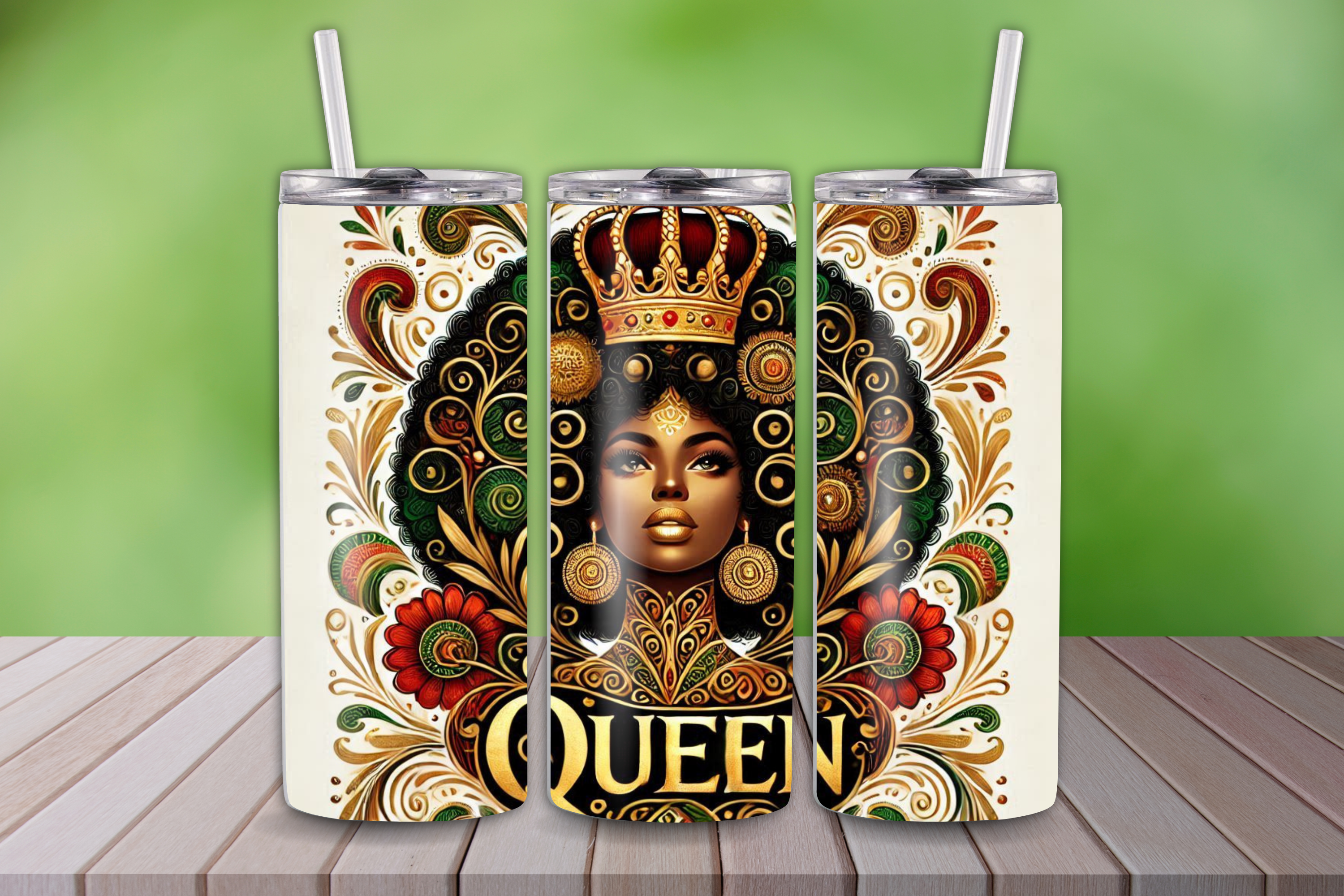 A tumbler with a graphic design of a woman's face wearing a crown, surrounded by ornate patterns and the word 'Queen' displayed below.