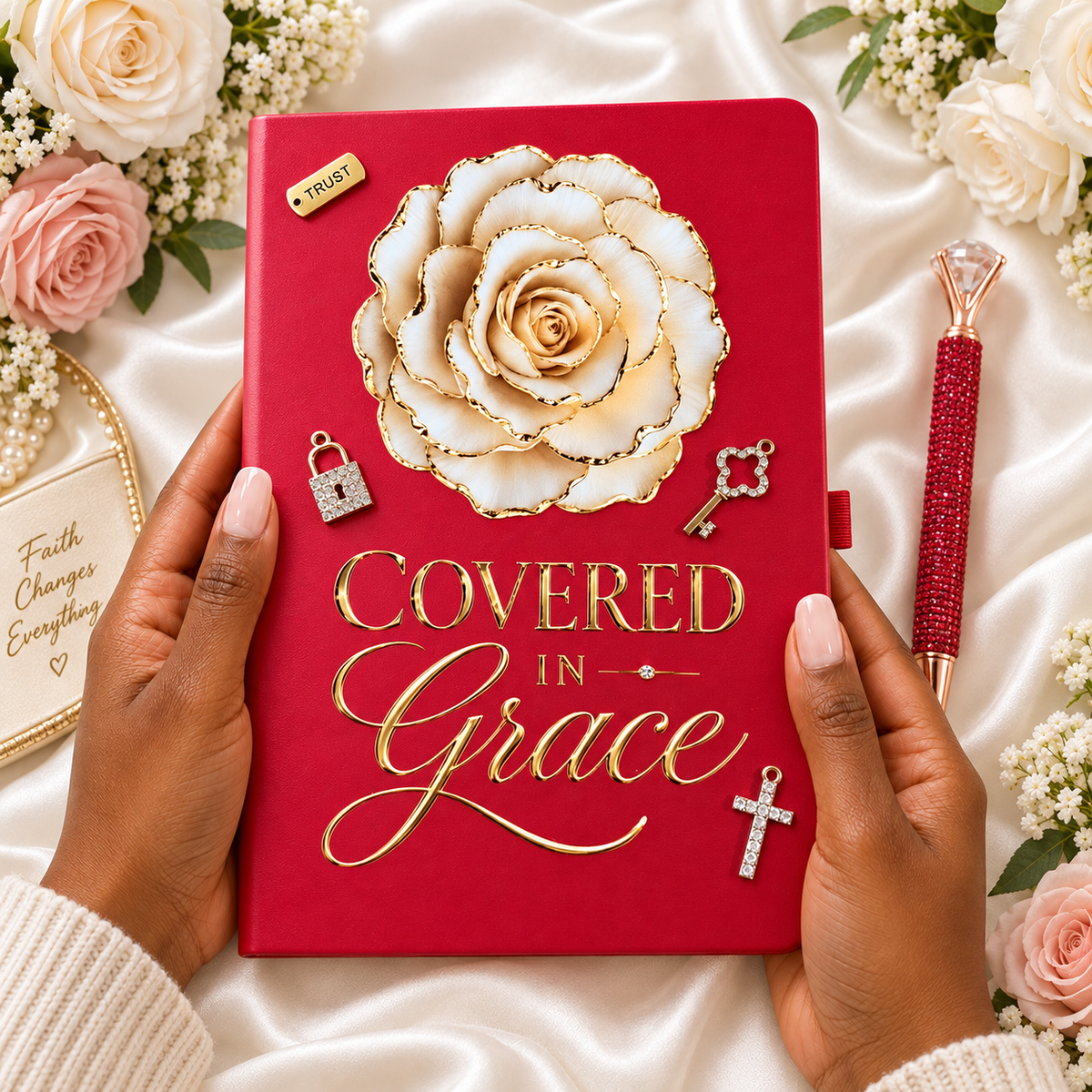 Hands holding Red Covered in Grace luxury journal with cream rose, gold lettering and faith-inspired embellishments
