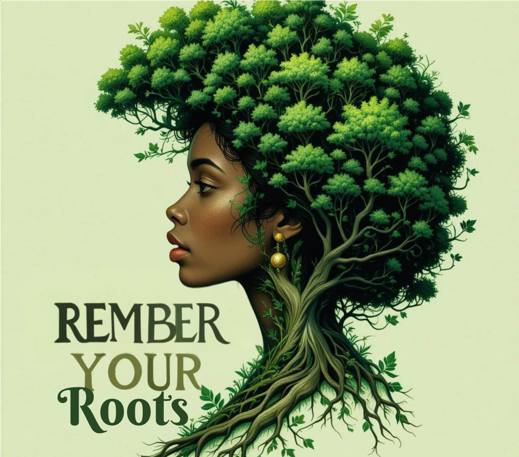 Afrocentric artwork of a Black woman with natural hair styled as a vibrant forest, with the phrase 'Remember Your Roots' in bold text on a light green background."