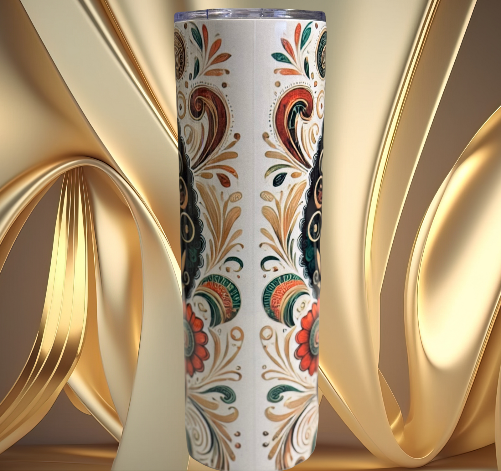 Back of tumbler showcasing intricate golden floral patterns with emerald and coral details on a creamy base, complementing the regal queen design.