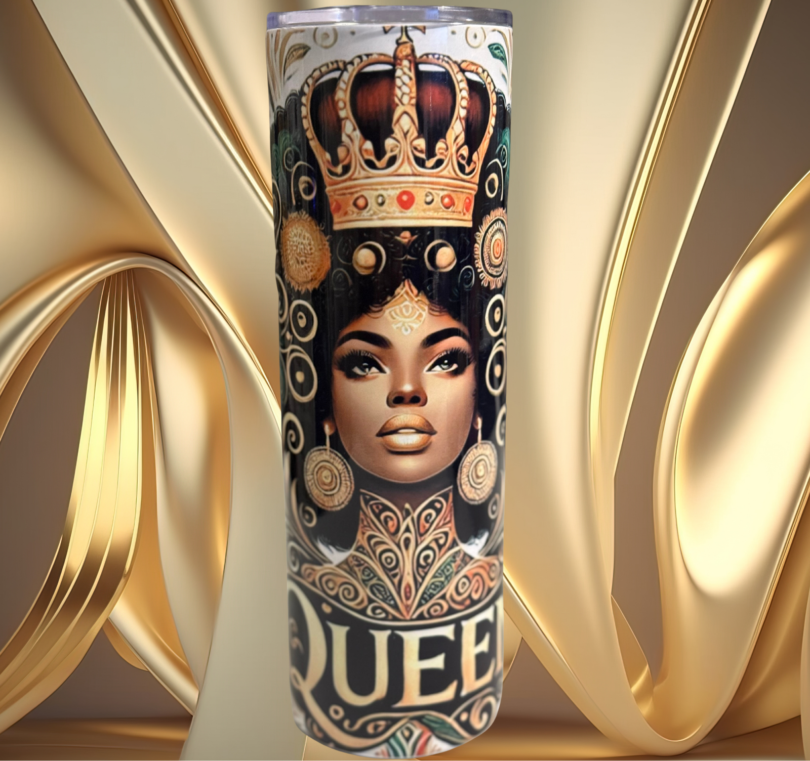 Front view of a tumbler featuring a regal queen wearing a jeweled crown, gold earrings, and ornate patterns with the word “QUEEN” displayed across the bottom on a golden background.