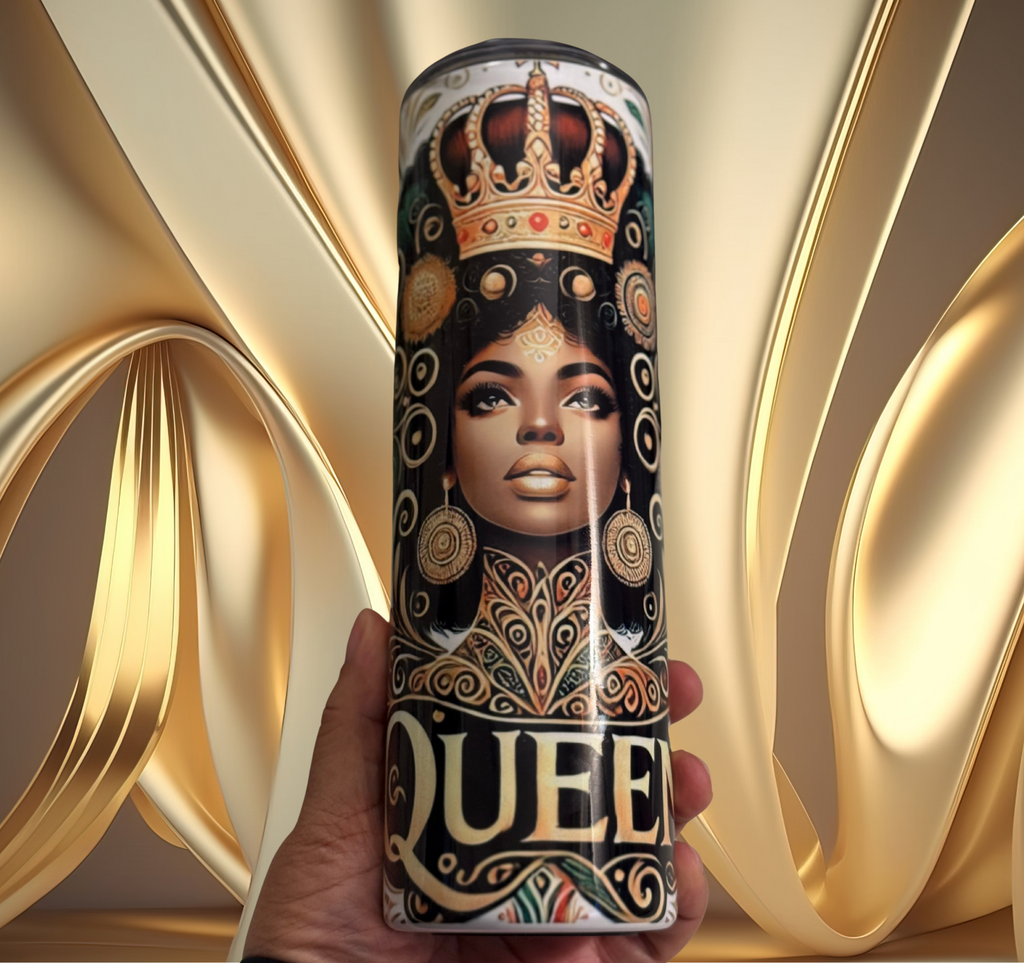 Hand holding tumbler featuring a stunning Black queen with a golden crown, radiant jewelry, and detailed gold embellishments on a luxury gold background.