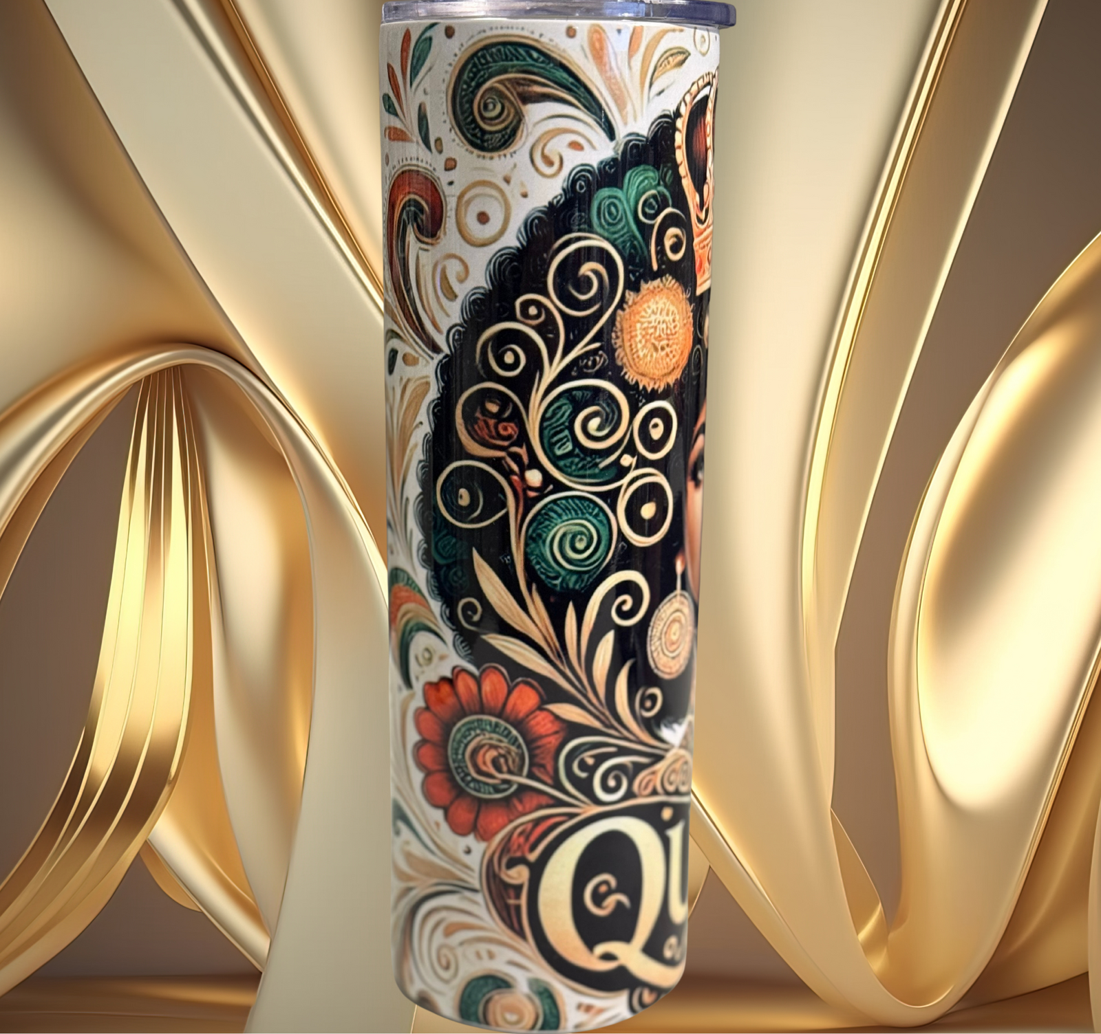Left side of tumbler showing elegant gold, green, and red floral swirls that wrap around the regal queen design on a gold background.