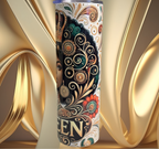 Right side of tumbler featuring intricate gold and green swirl patterns with partial view of the crown and word “QUEEN” on a golden backdrop.