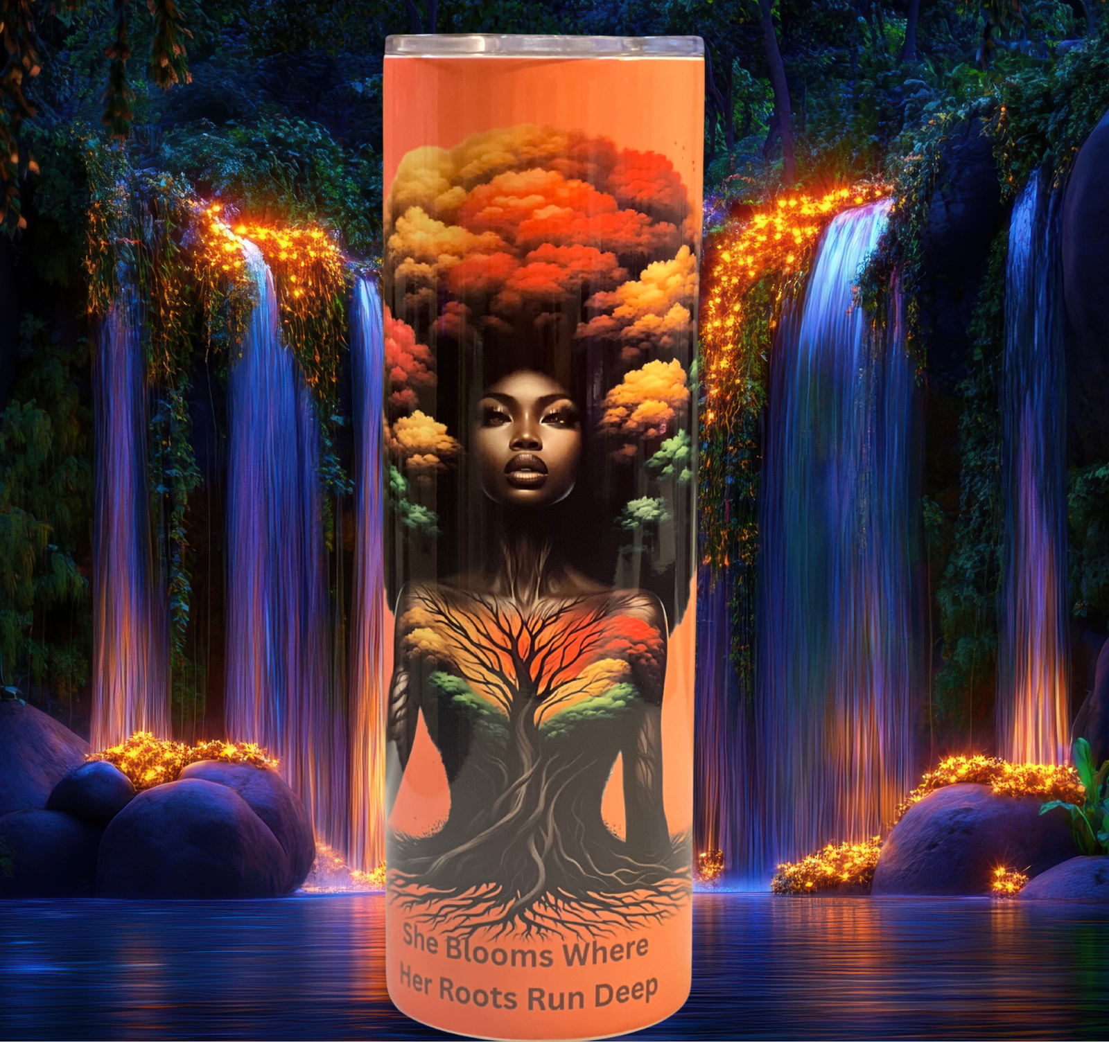 Front view of the She Blooms Tumbler featuring a regal Black woman with a radiant afro of red, yellow, and green hues symbolizing growth and heritage.