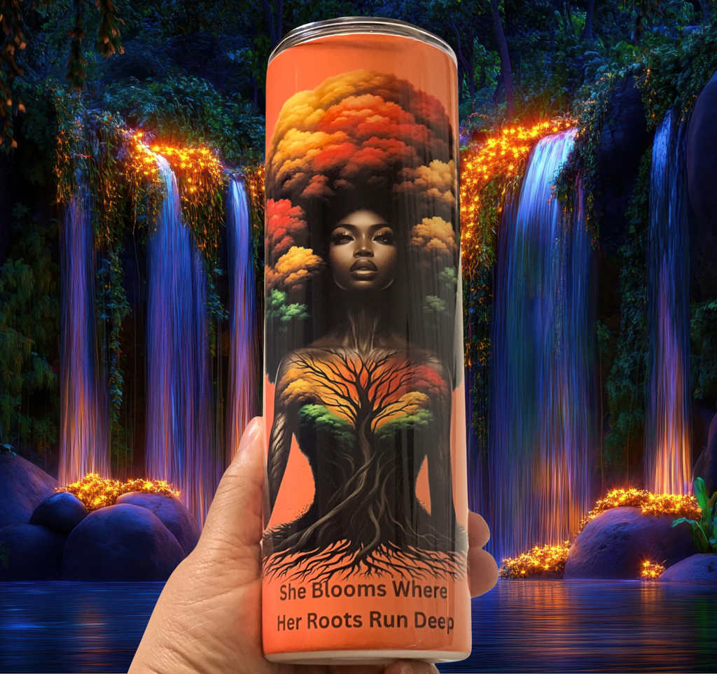 Close-up handheld view of the She Blooms Tumbler showing its glossy finish and colorful afro-tree artwork, highlighting comfort and craftsmanship.