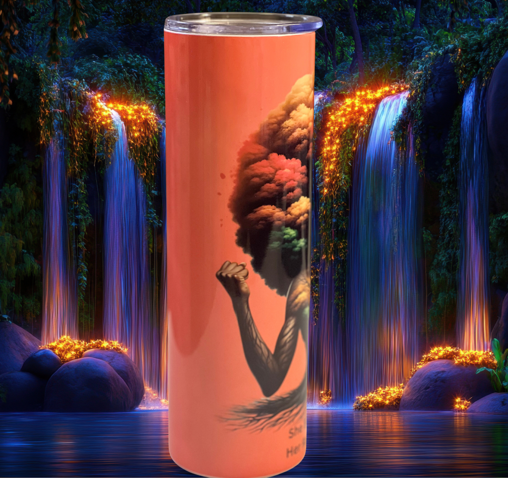 Left-angle view of the She Blooms Tumbler showing the continuation of the tree-root and afro design with vibrant earthy tones.