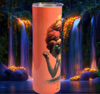 Left-angle view of the She Blooms Tumbler showing the continuation of the tree-root and afro design with vibrant earthy tones.