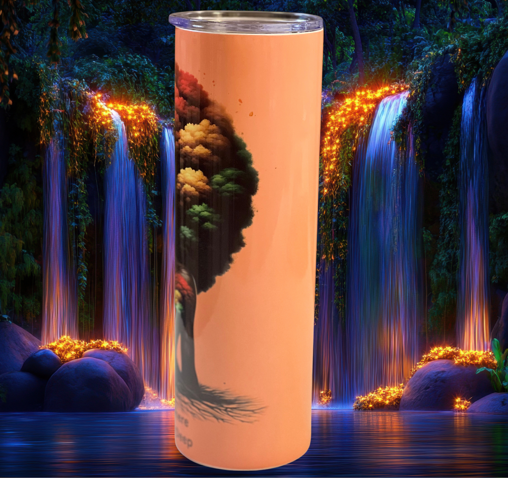 Right-side view of the She Blooms Tumbler capturing the blend of roots and color, symbolizing unity, pride, and strength.