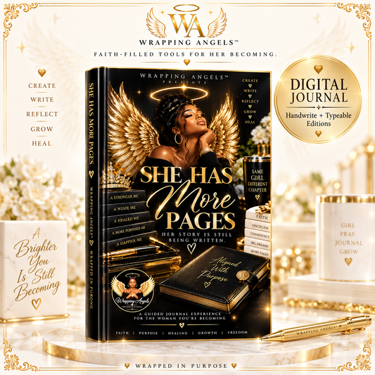 Luxury cover mockup of the She Has More Pages digital journal by Wrapping Angels featuring a black and gold faith-inspired design.