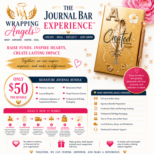 The Journal Bar Experience journal fundraiser by Wrapping Angels featuring a luxury gold journal and $50 Signature Journal Bundle
