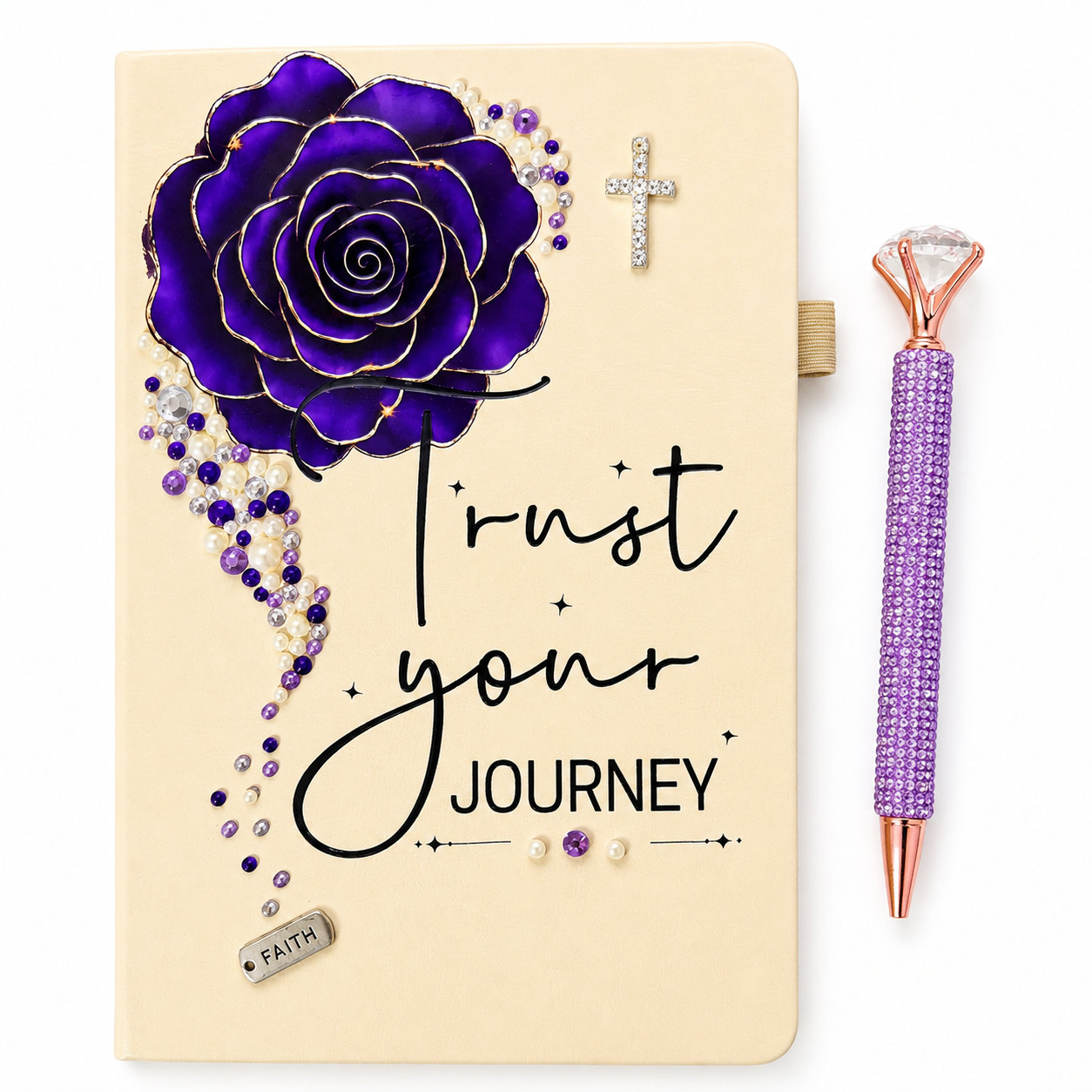 Purple Christian journal for women with purple rose rhinestone cross pearls and FAITH charm