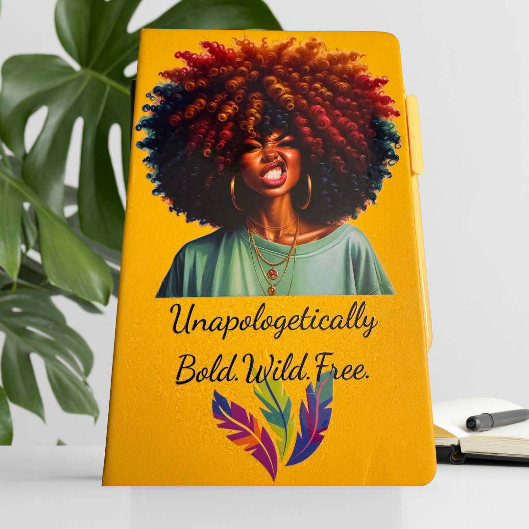 “Yellow hardcover journal with colorful curly hair illustration and text ‘Unapologetically Bold. Wild. Free.’ – lined notebook for writing and journaling”