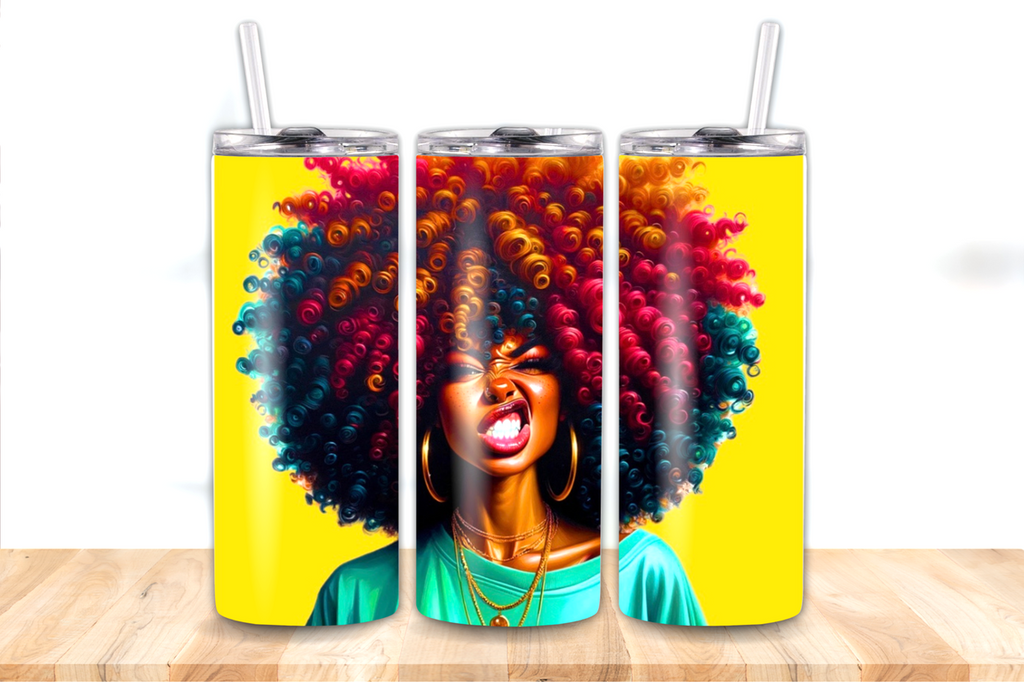 Tumbler featuring a bold  woman with colorful natural curls on a vibrant yellow background