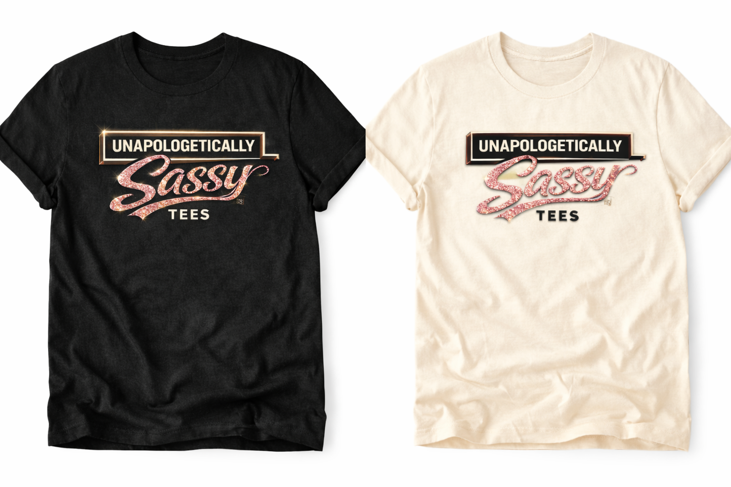 unapologetically sassy graphic t shirts in black and beige flat lay product image showing front design for women statement tees