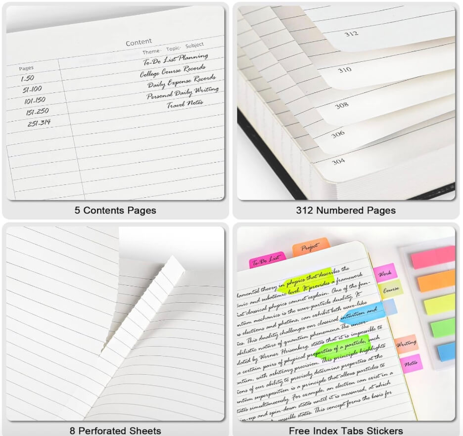 “Pink vegan leather A5 ruled journal notebook with 5 contents pages, 312 numbered pages, 8 perforated sheets for easy tear-out, and free colorful index tab stickers for organizing notes.”