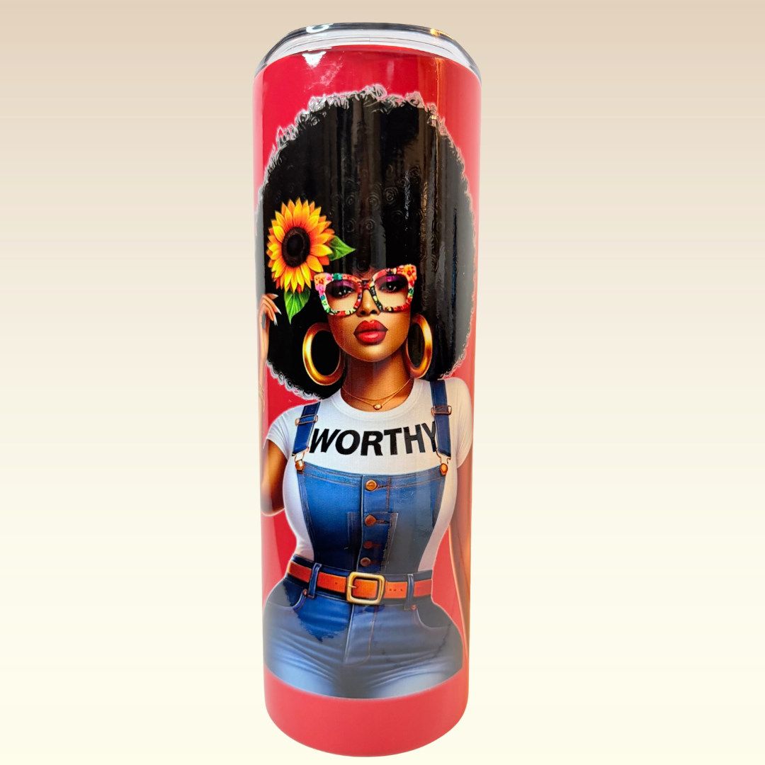 affirmation tumbler for women with Afro-inspired worthy design on bold red background representing confidence and self love