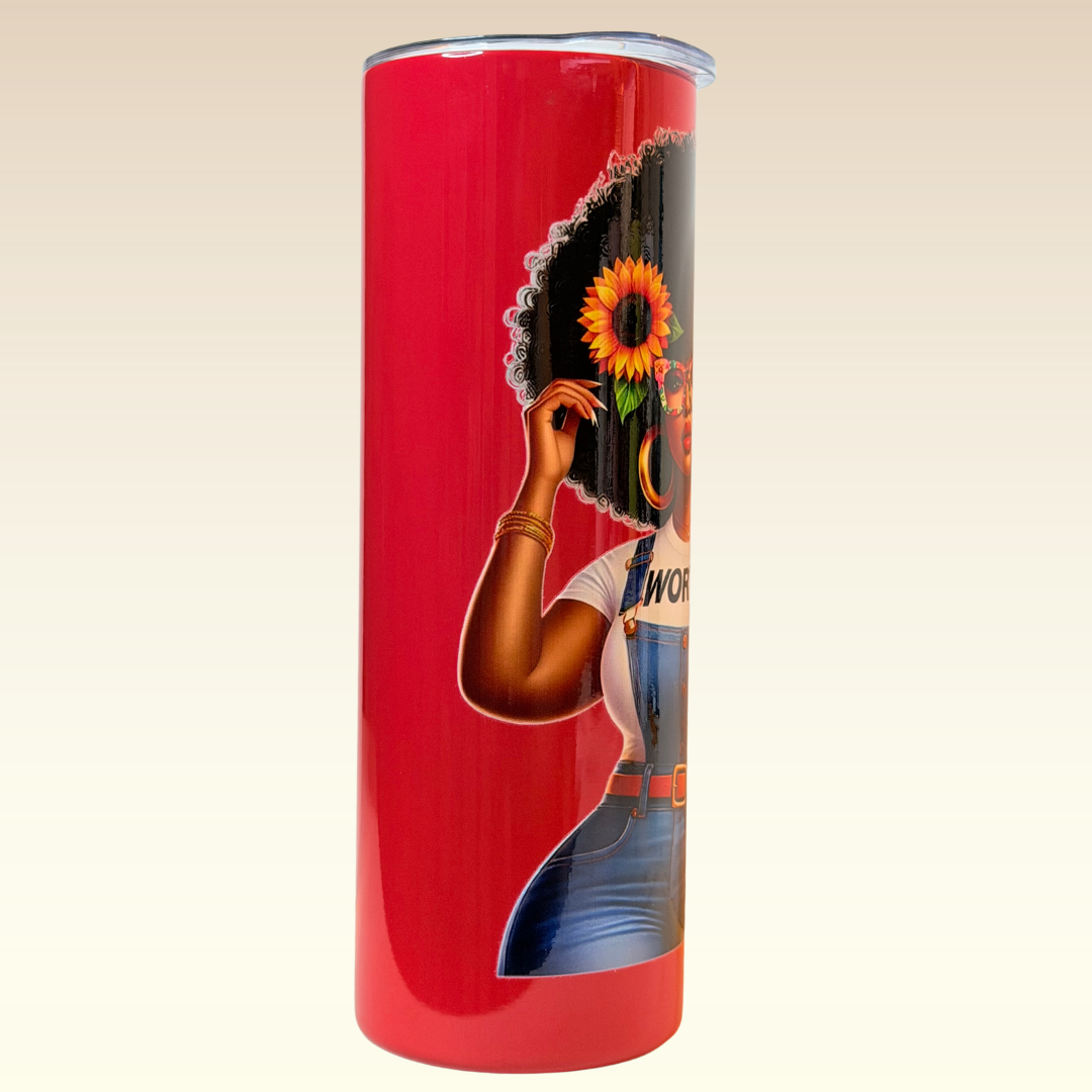 affirmation tumbler for women side angle showing Afro woman artwork with sunflower and red background