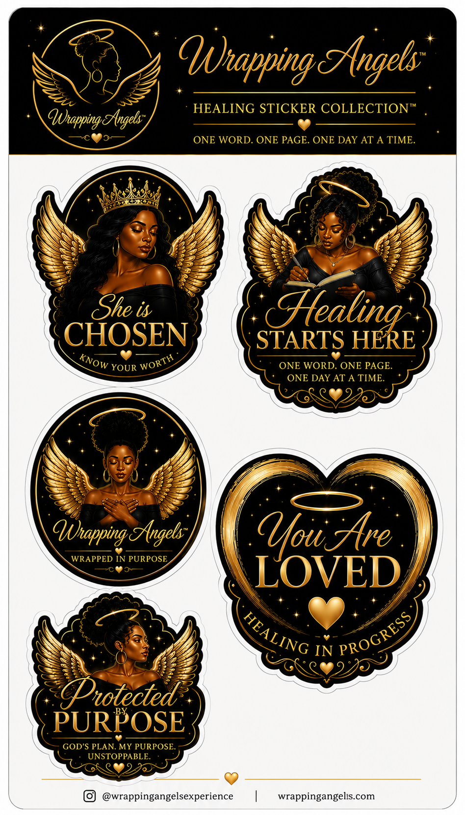 Healing Sticker Collection™ luxury Christian sticker sheet featuring black and gold angel-inspired faith stickers for journaling and Bible study