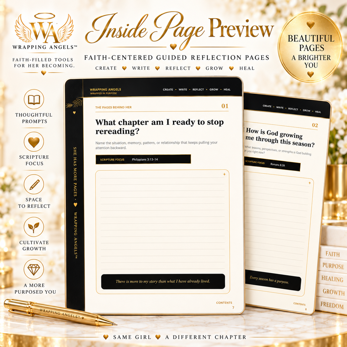 Christian digital journal for women, black and gold faith-centered guided reflection pages with writing prompts