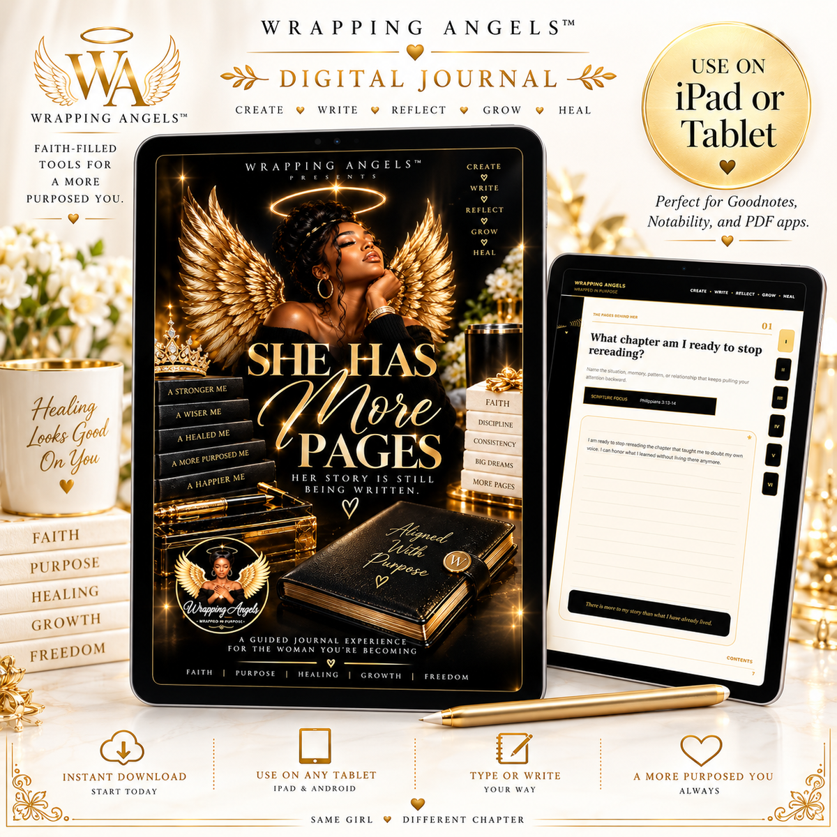 Christian digital journal for women digital PDF with gold angel wings, faith prompts, and typeable tablet pages