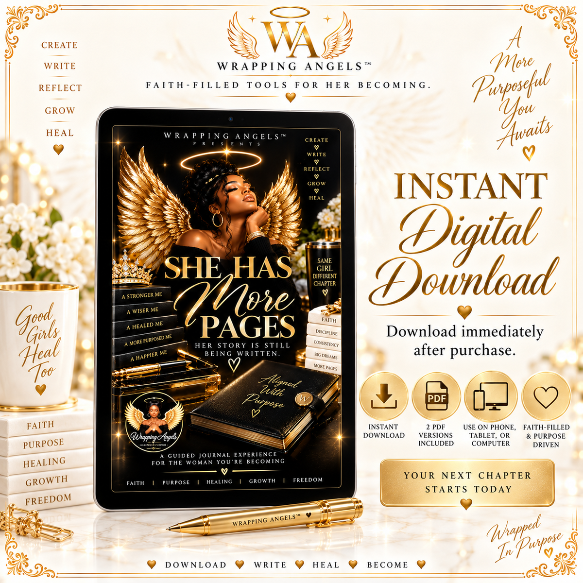 Christian digital journal for women digital PDF cover with gold angel wings, inspirational prompts, and faith-filled writing pages