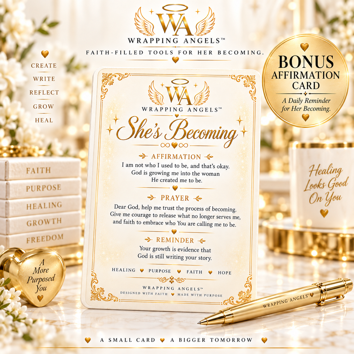 Christian digital journal for women featuring an ornate gold faith affirmation and prayer page with matching pen