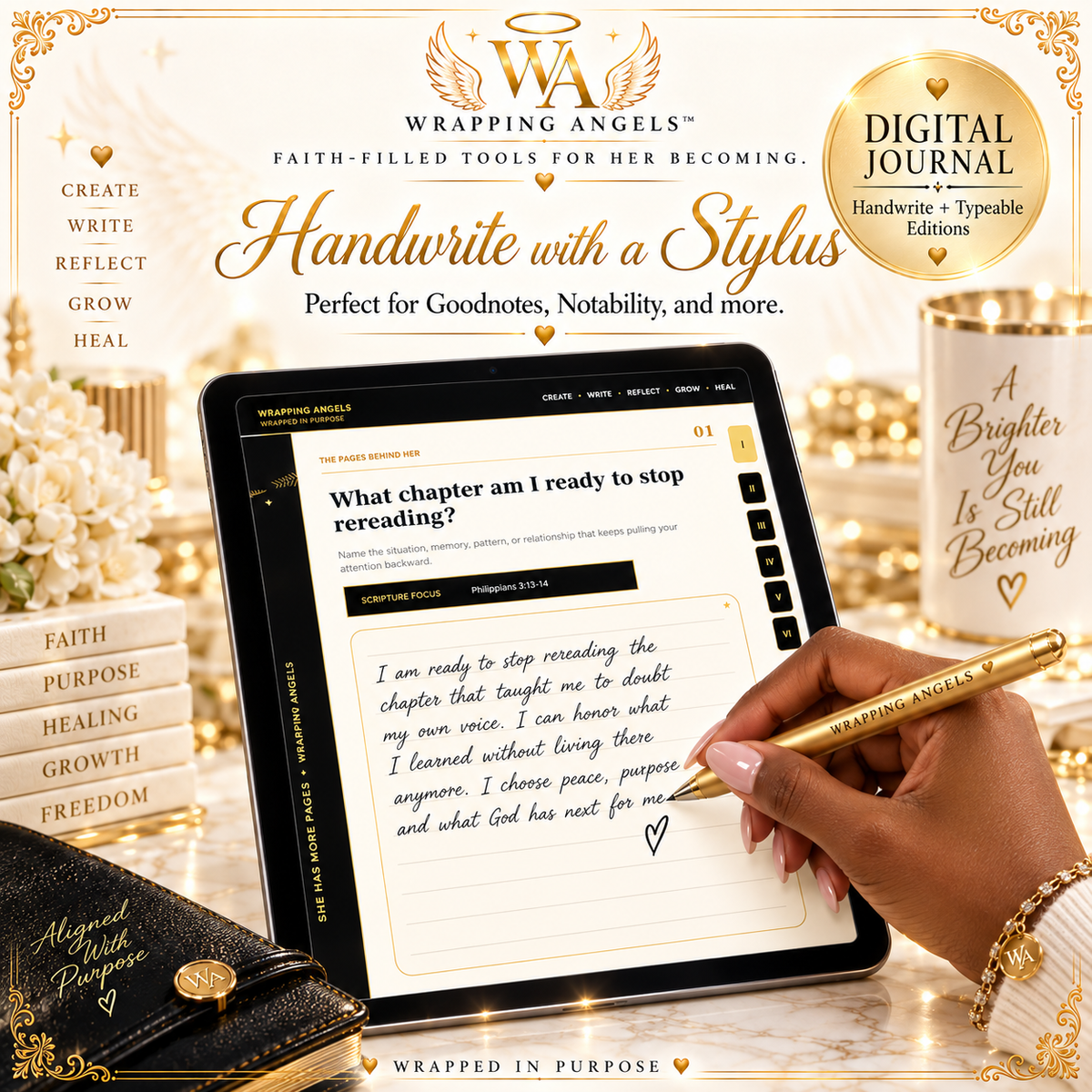 Christian digital journal for women shown on tablet with stylus handwriting pages, cream and gold faith-inspired design
