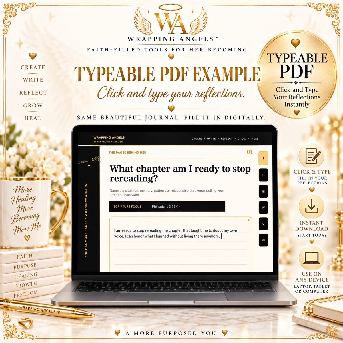 Christian digital journal for women typeable PDF displayed on laptop with faith-inspired reflection page and gold accents