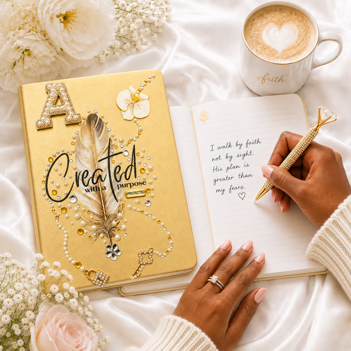 Covered in Grace Christian journal with a gold cover, ornate rose, feather, pearls, cross, and inspirational lettering