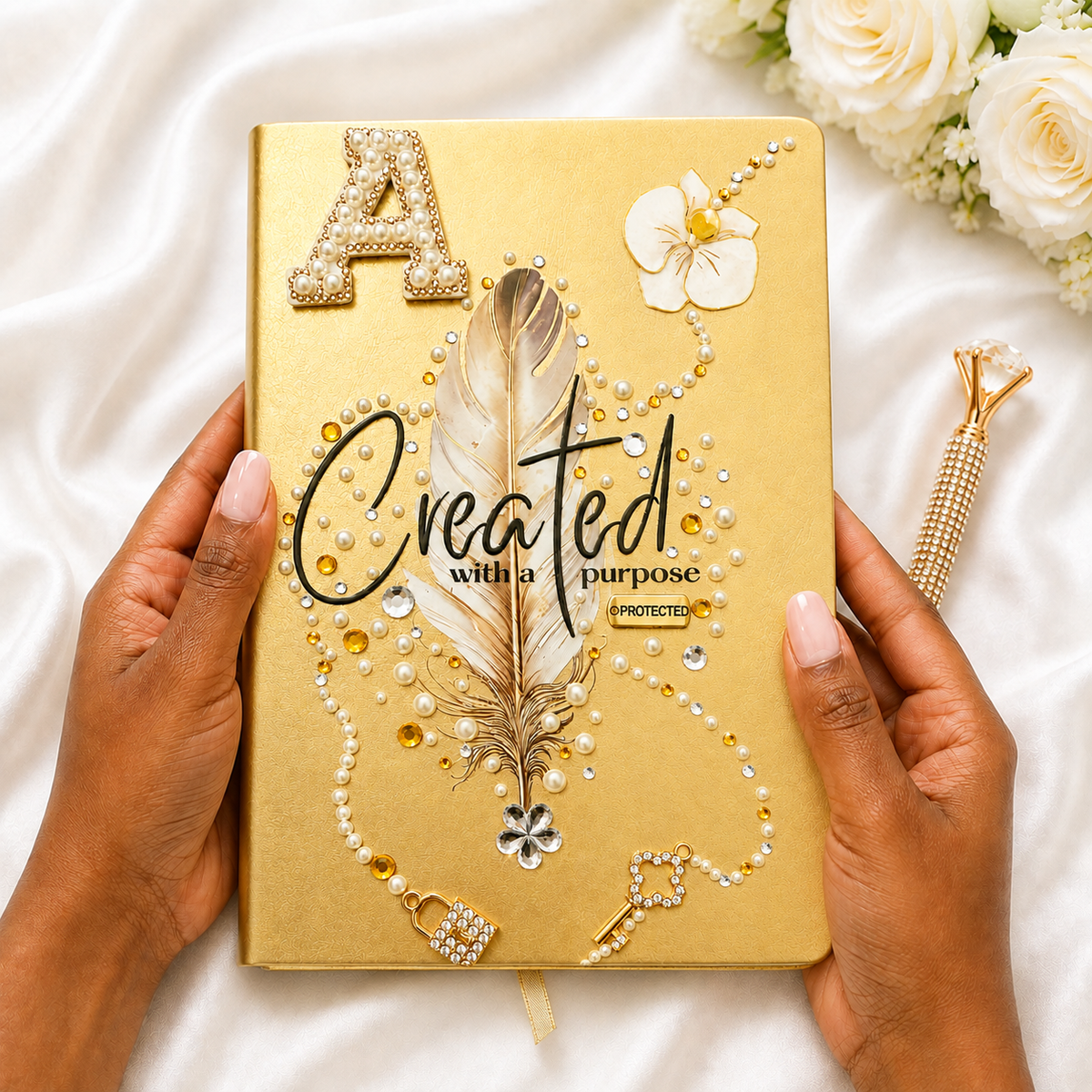Covered in Grace gold Christian journal with embellished feather, floral accents, pearls, and “Create with a purpose” lettering