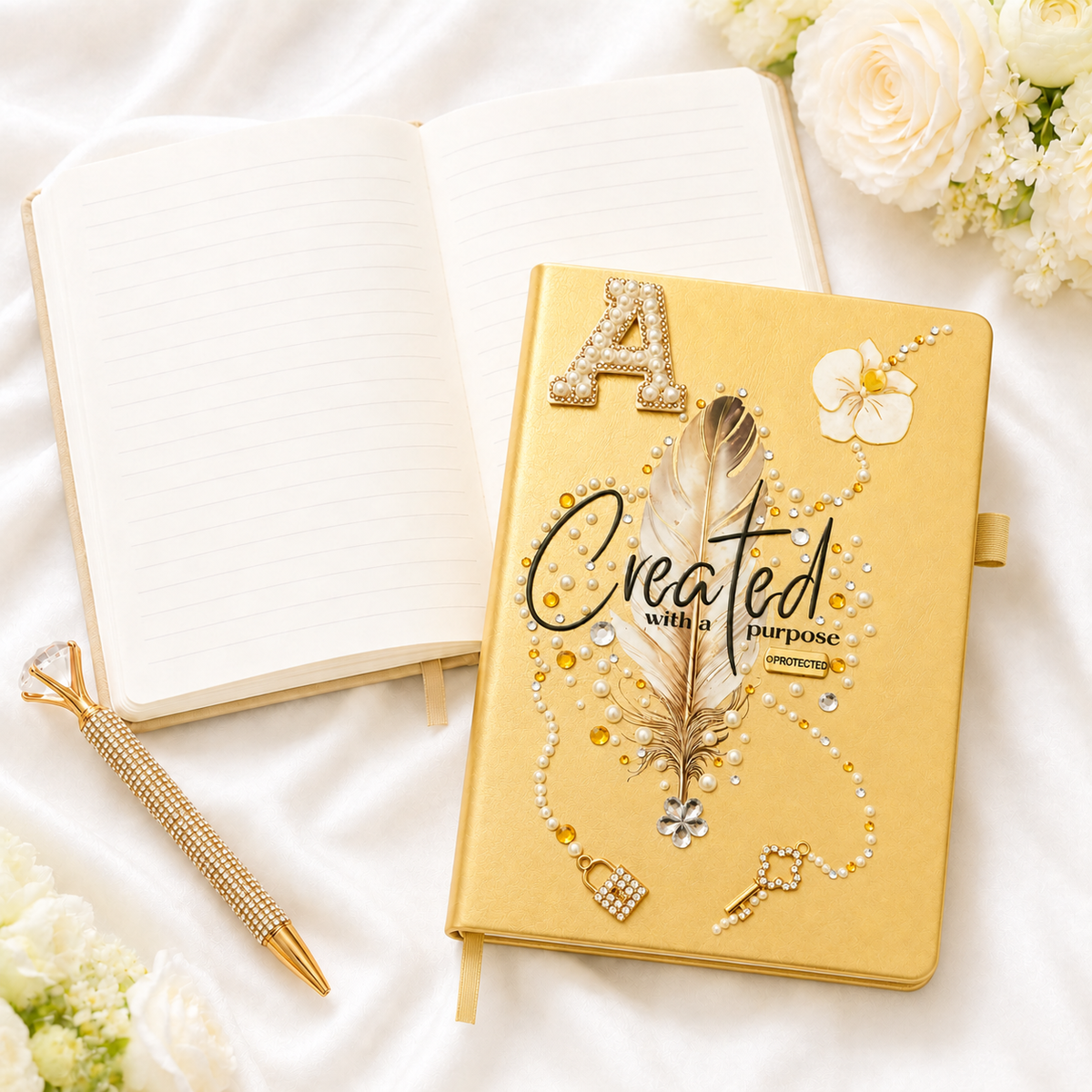 Covered in Grace Christian journal with a warm golden cover, jeweled feather, pearl embellishments, flower and elegant lettering