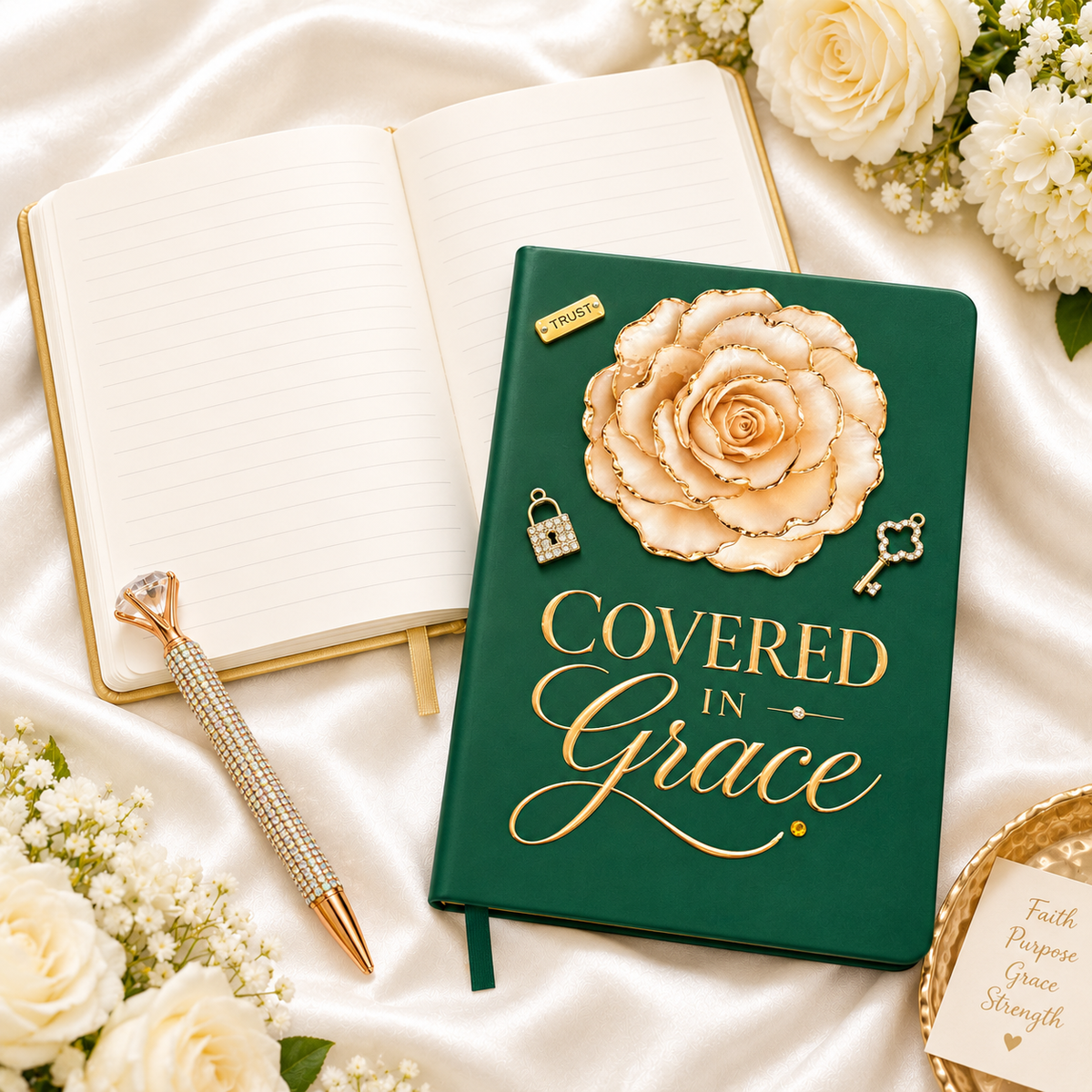 Covered in Grace journal in dark green with gold lettering, floral rose embellishment, lock and key charms