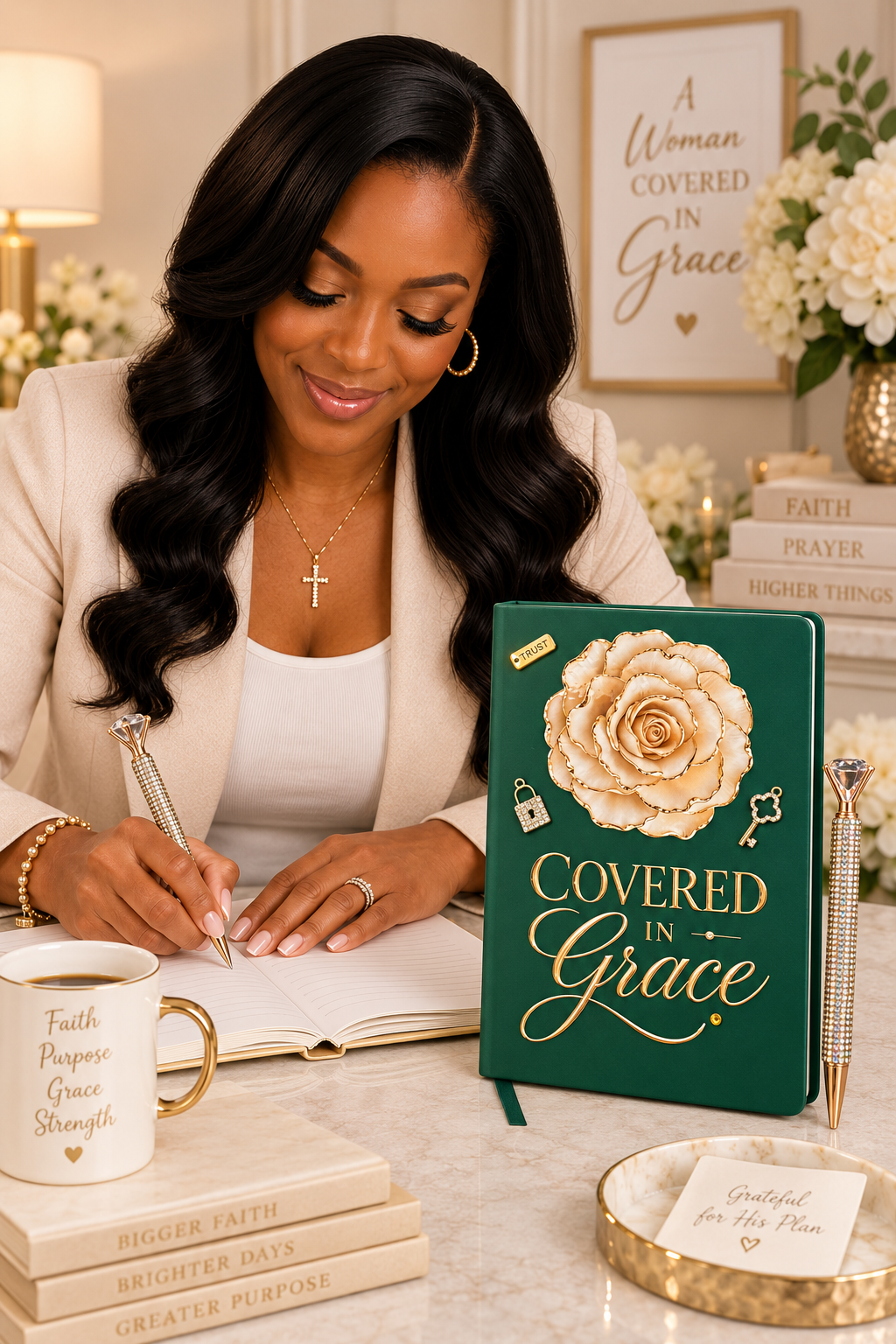 Covered in Grace journal in hunter green with gold lettering, large floral embellishment, ribbon bookmark, and rhinestone pen
