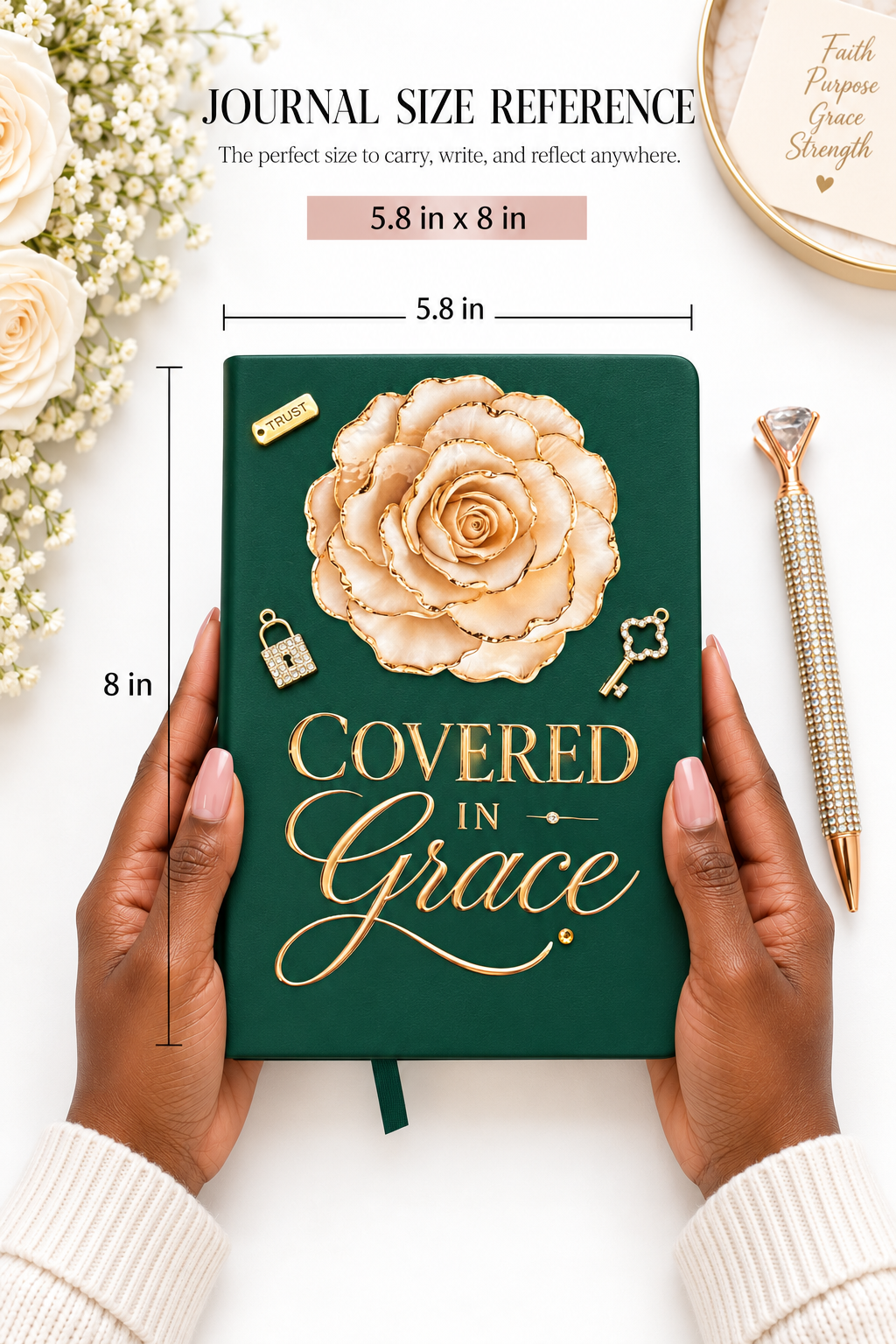 Covered in Grace journal in hunter green with gold lettering, raised floral embellishment, and ornate gold details