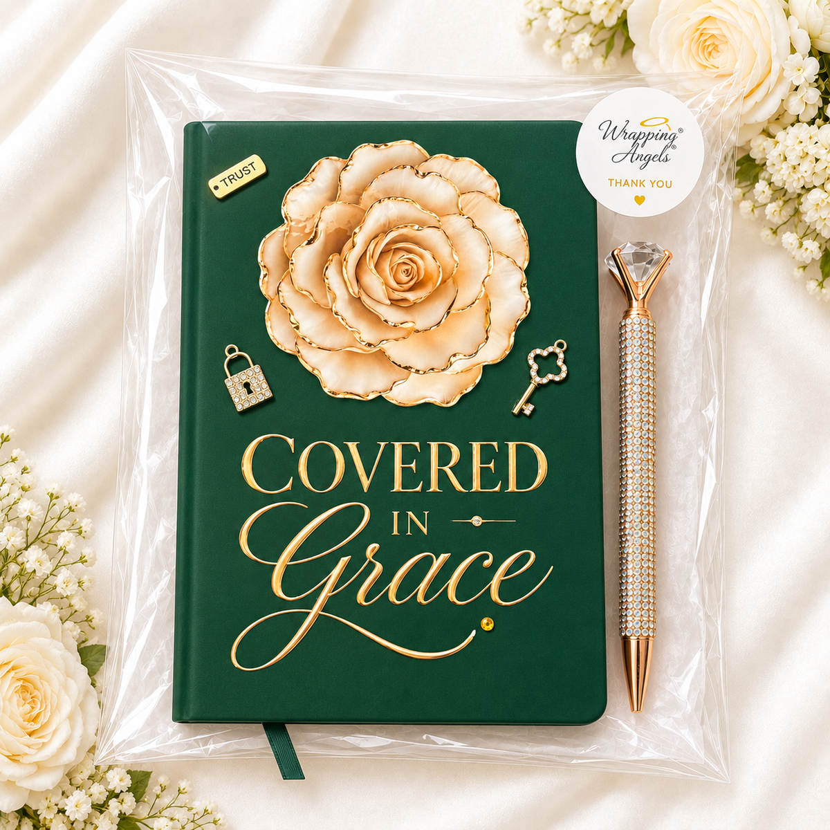 Covered in Grace journal in hunter green with gold lettering, floral embellishment, rhinestone pen, lock and key accents