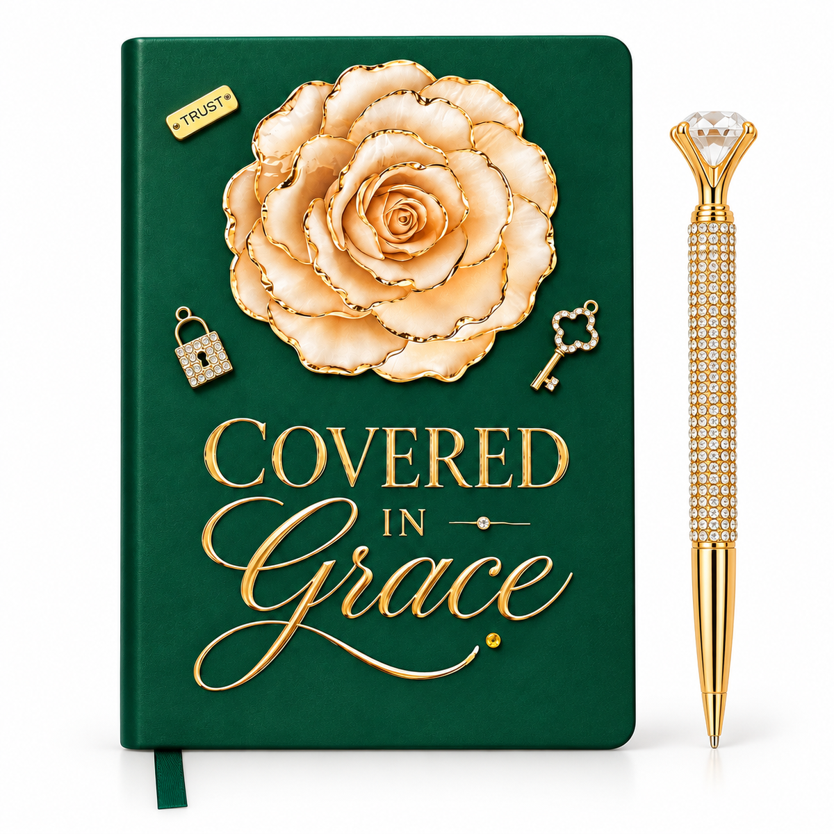 Covered in Grace journal in hunter green with gold floral embellishment, faith lettering, and coordinating rhinestone pen