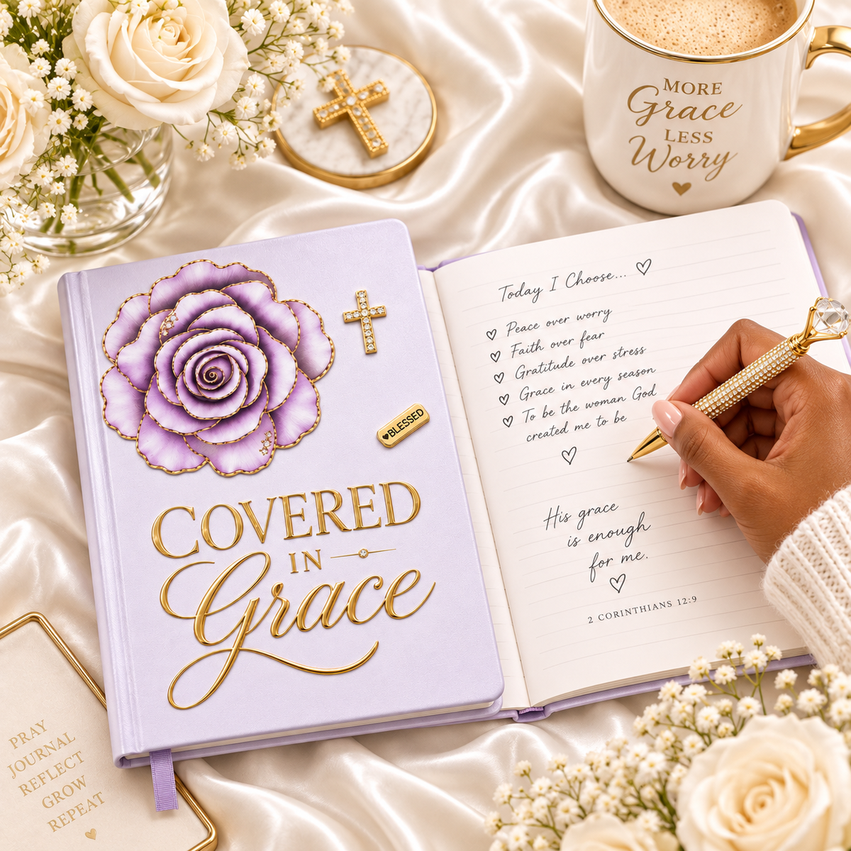 Covered in Grace Journal in lavender with gold lettering, dimensional purple rose, cross embellishment, and Blessed accent