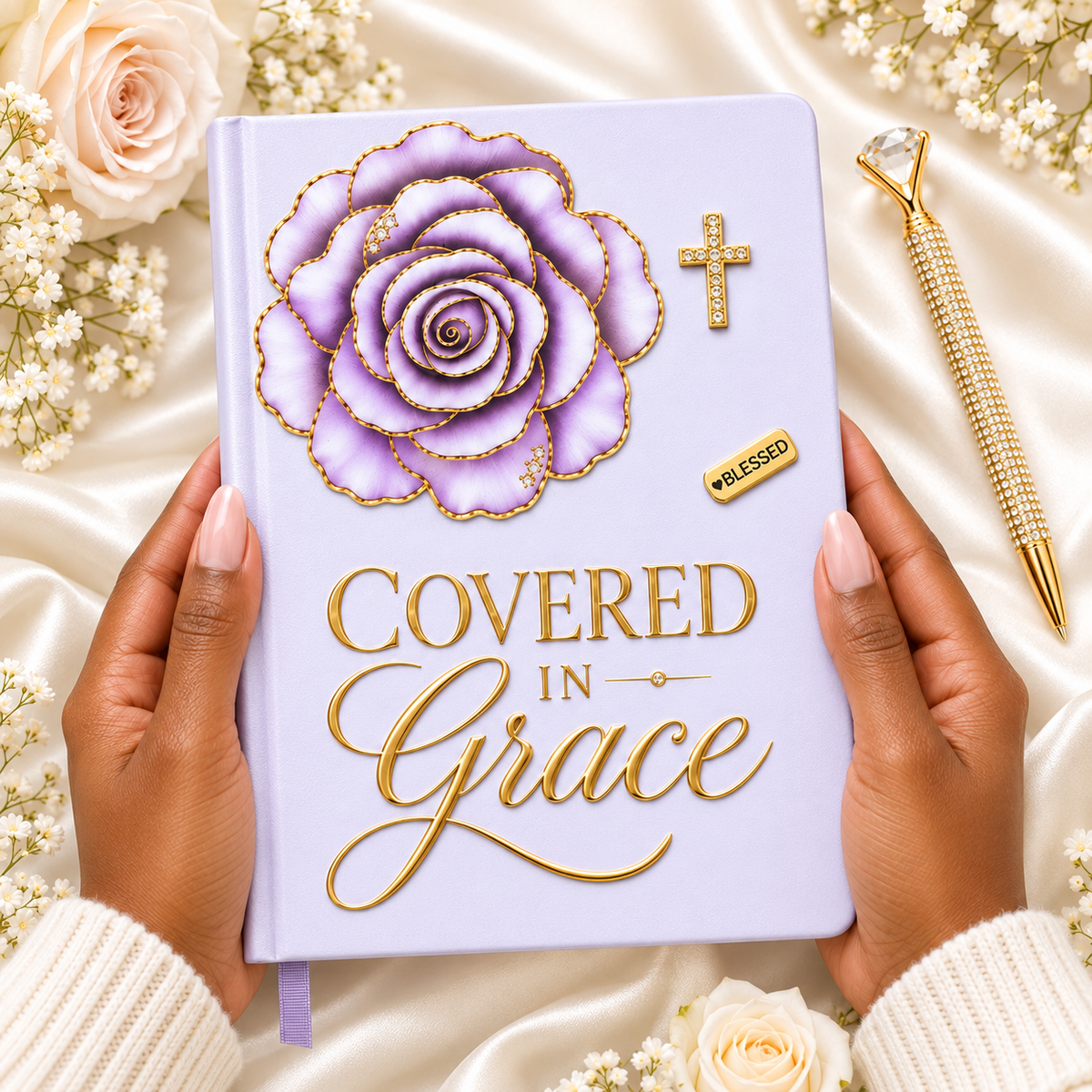 Covered in Grace Journal in lavender with a dimensional purple rose, gold lettering, cross charm, and BLESSED accent