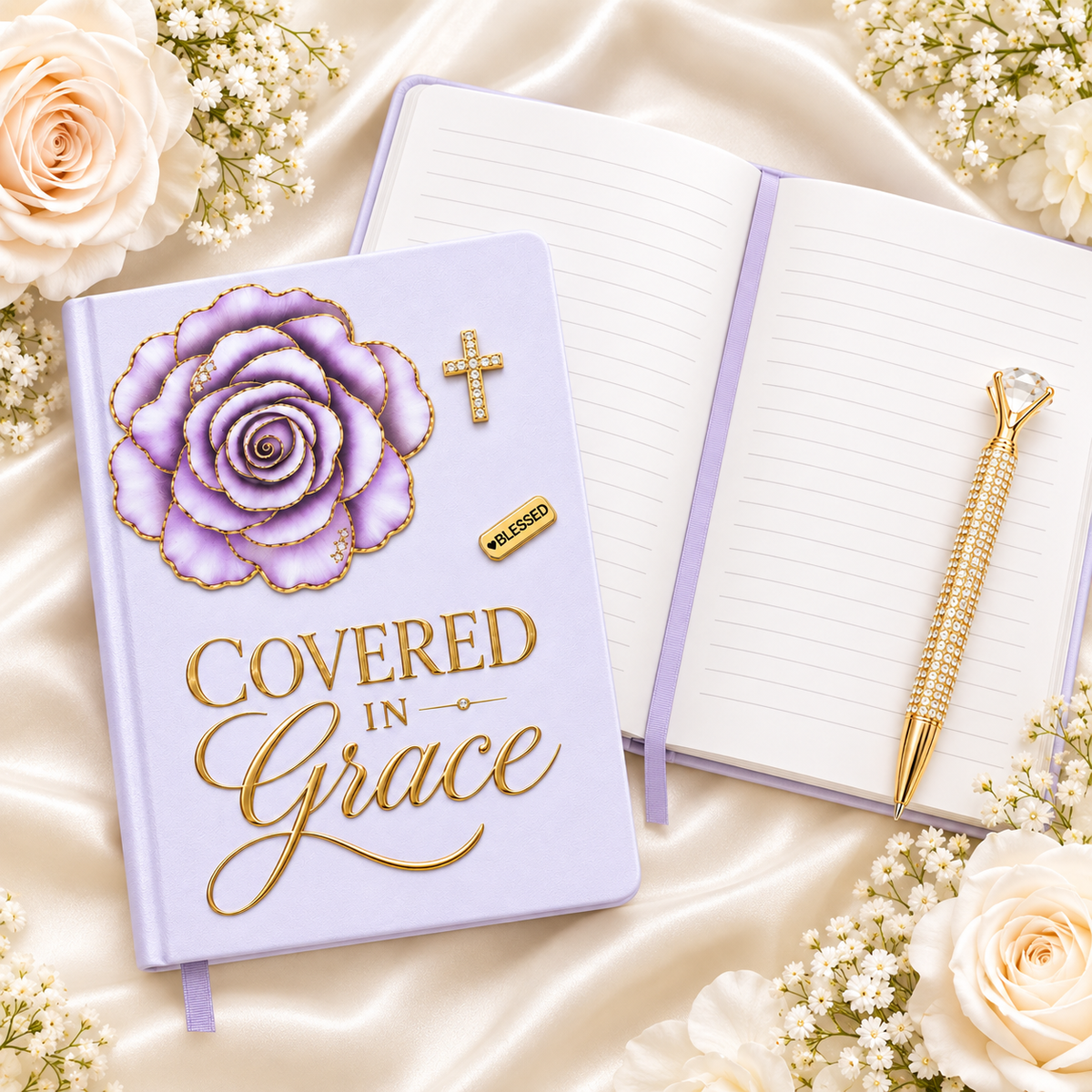 Covered in Grace Journal in lavender with gold lettering, dimensional purple rose, cross embellishment, and BLESSED accent