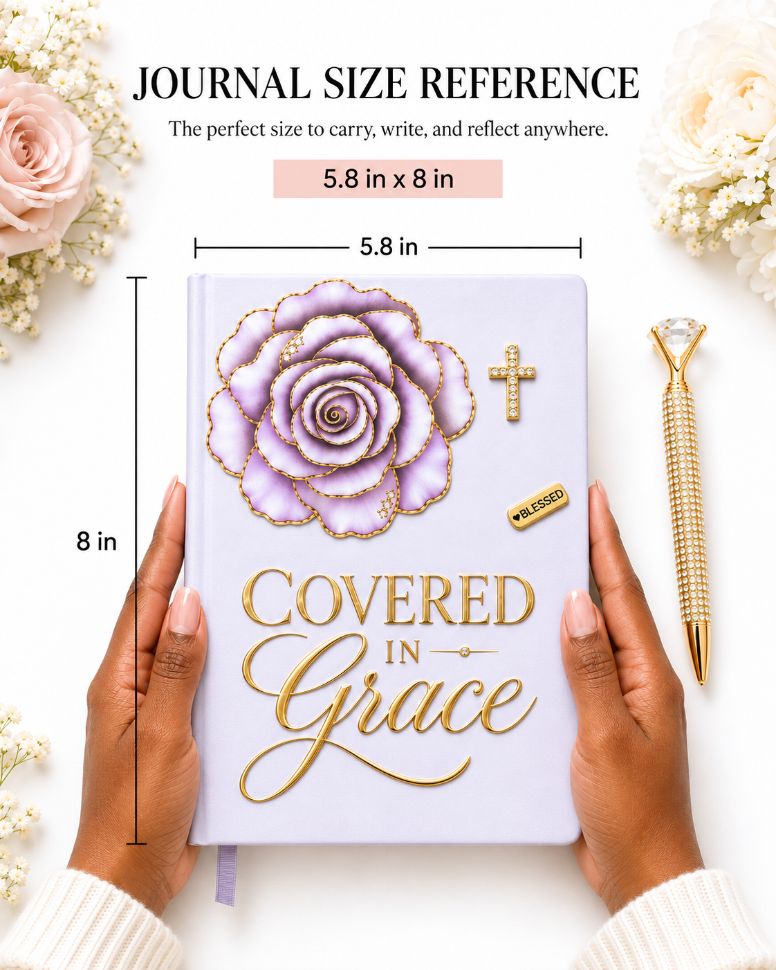 Covered in Grace Journal in soft lavender with gold lettering, purple rose, sparkling cross, and BLESSED accent