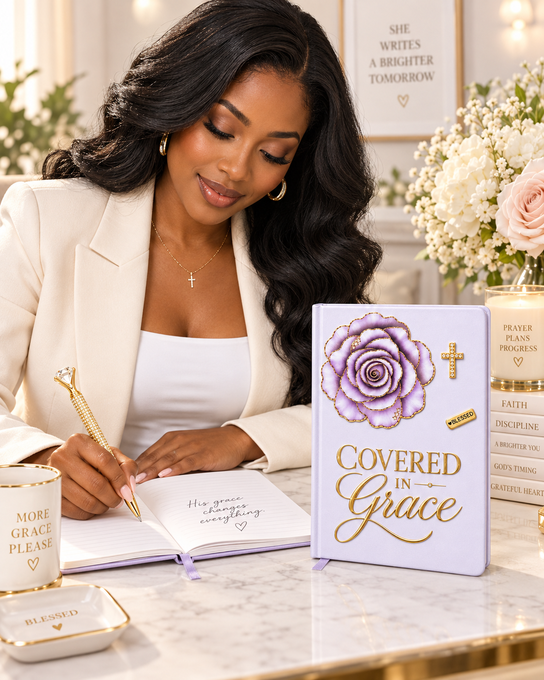 Covered in Grace Journal in lavender with gold lettering, dimensional purple rose, cross embellishment, and ribbon bookmark