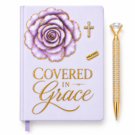 Covered in Grace Journal in soft lavender with gold lettering, dimensional purple rose, sparkling cross, and BLESSED accent