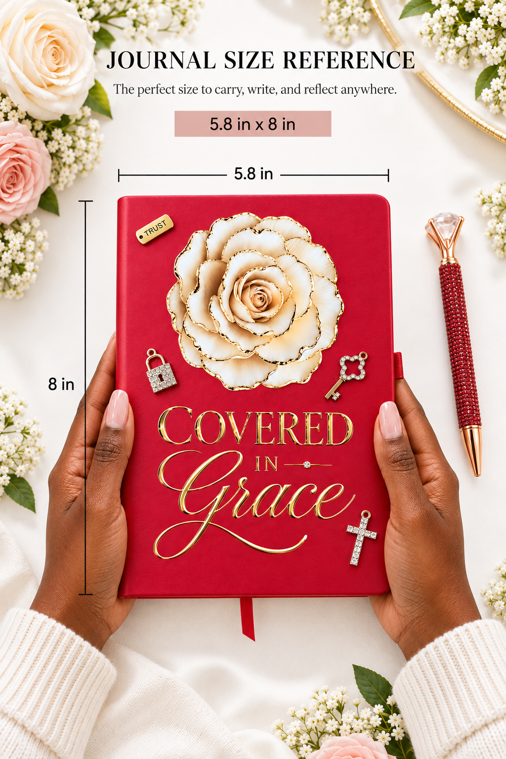 Covered in Grace Journal red handcrafted journal with large cream flower, gold lettering, cross charm, ribbon bookmark and rhinestone pen