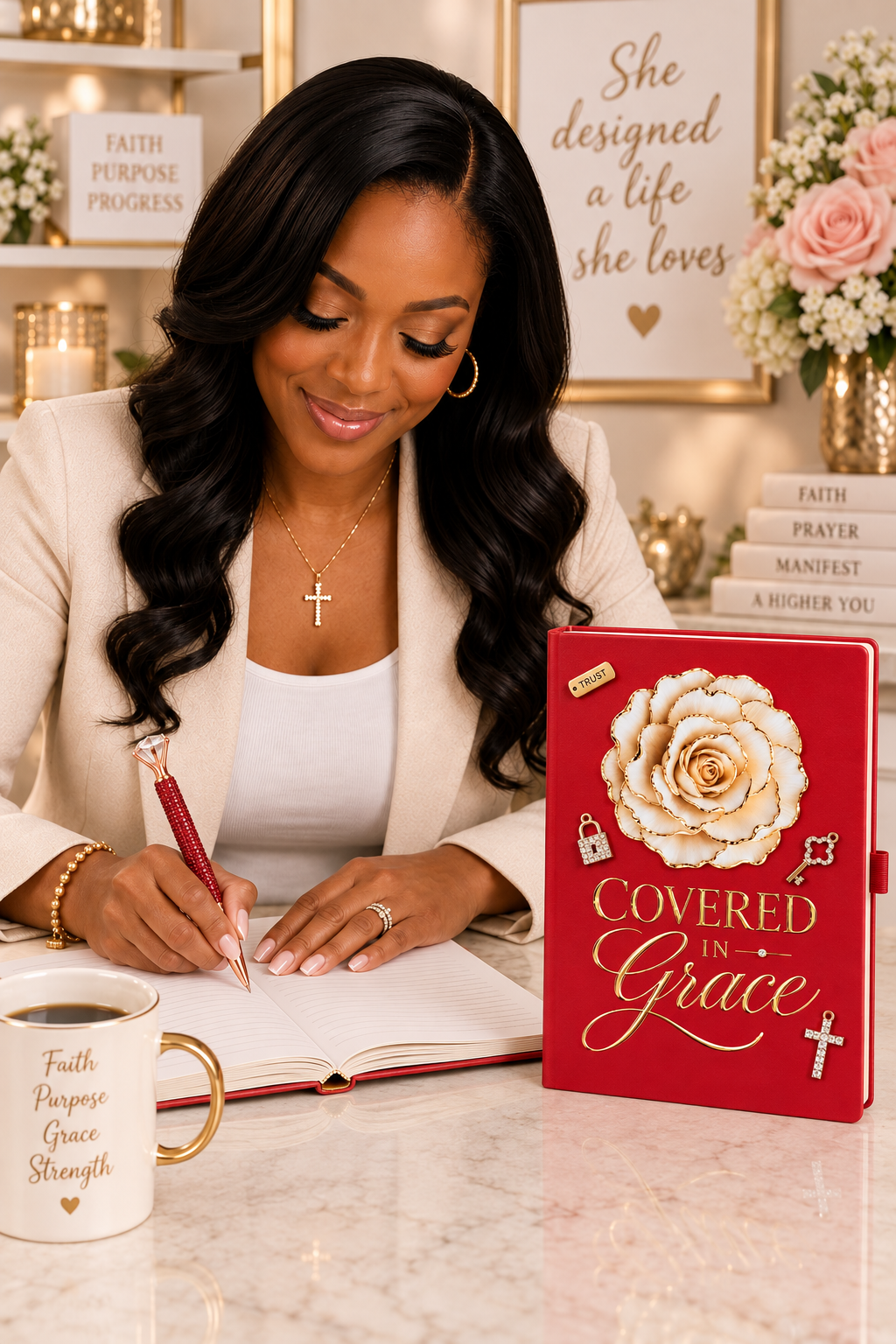 Covered in Grace Journal with a rich red cover, gold lettering, raised cream floral embellishment, and cross details