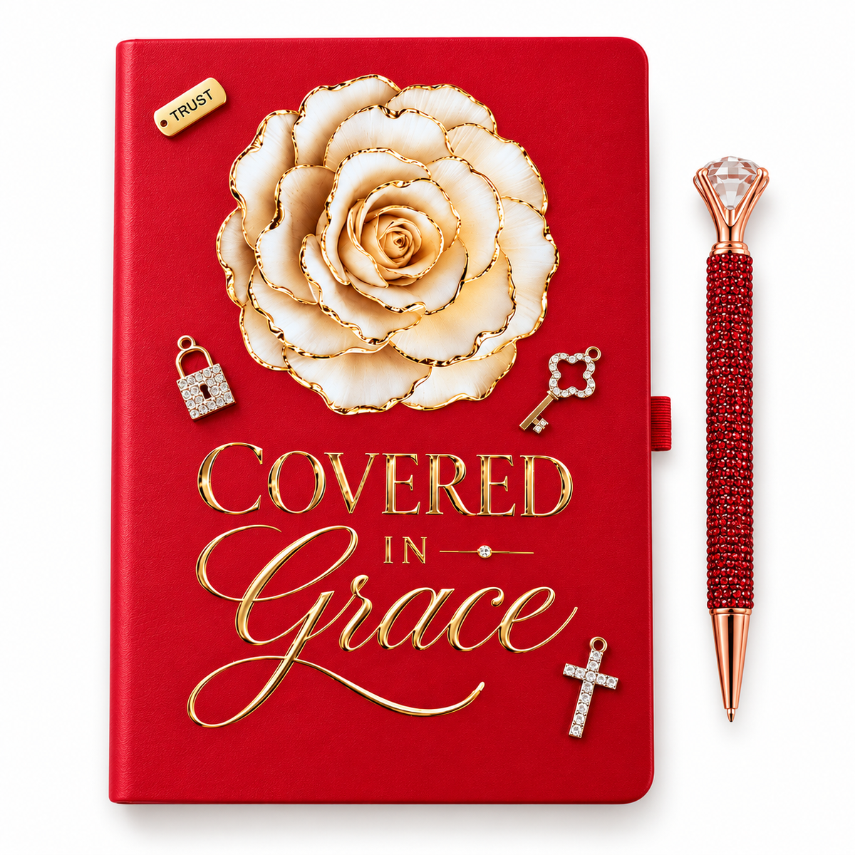 Covered in Grace Journal in red with a large cream flower, gold lettering, rhinestone charms, and matching beaded pen